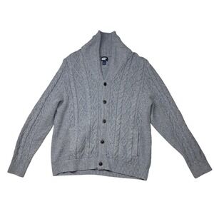 Lands' End Sweater Cardigan Men's Large Gray Cable Knit Grandpa Shawl‎ Fisherman